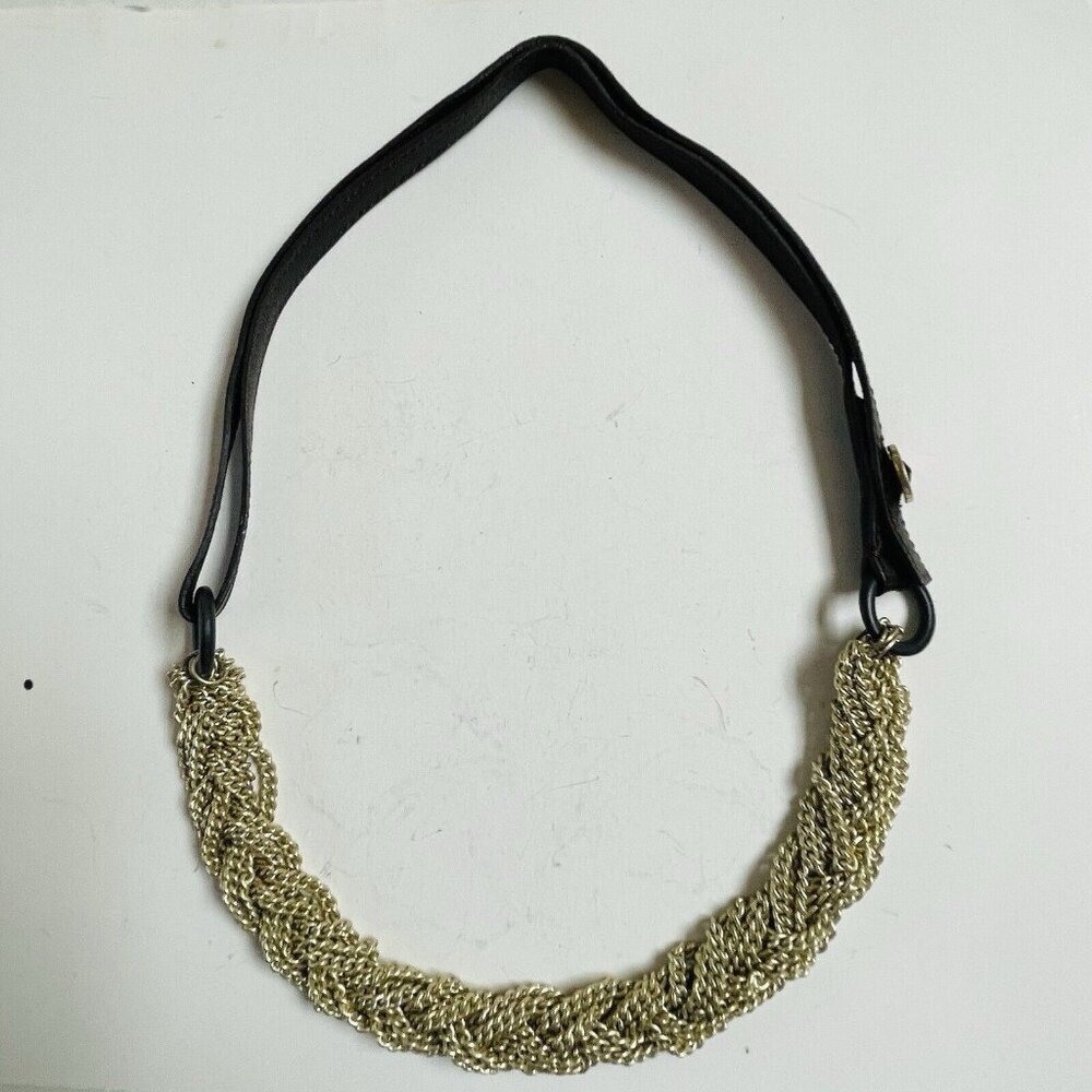 Fossil Silver Tone Necklace Braided Chunky Chain Leather Cord Closure Boho
